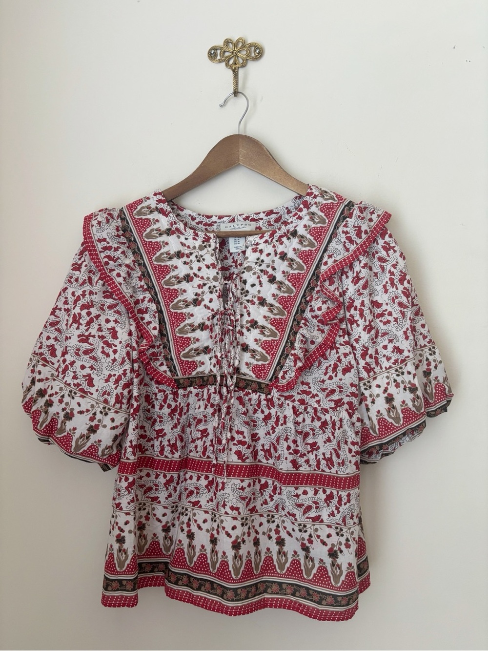 Calypso St Barth Red & Brown Block Print Cotton Blouse Medium Boho Summer - Picture 1 of 8